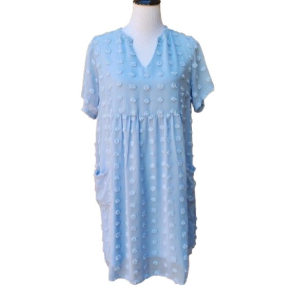 Miholl Blue Loose Flowy Short Dress Textured Dots V-Neck Pockets Short Sleeves - Picture 2 of 15